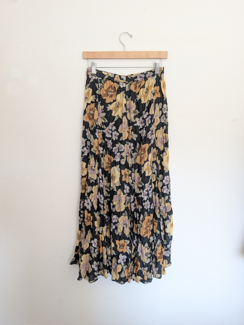 JohnPaulRichard Silk Black Maxi Skirt with Mustard and Lavender Floral Print